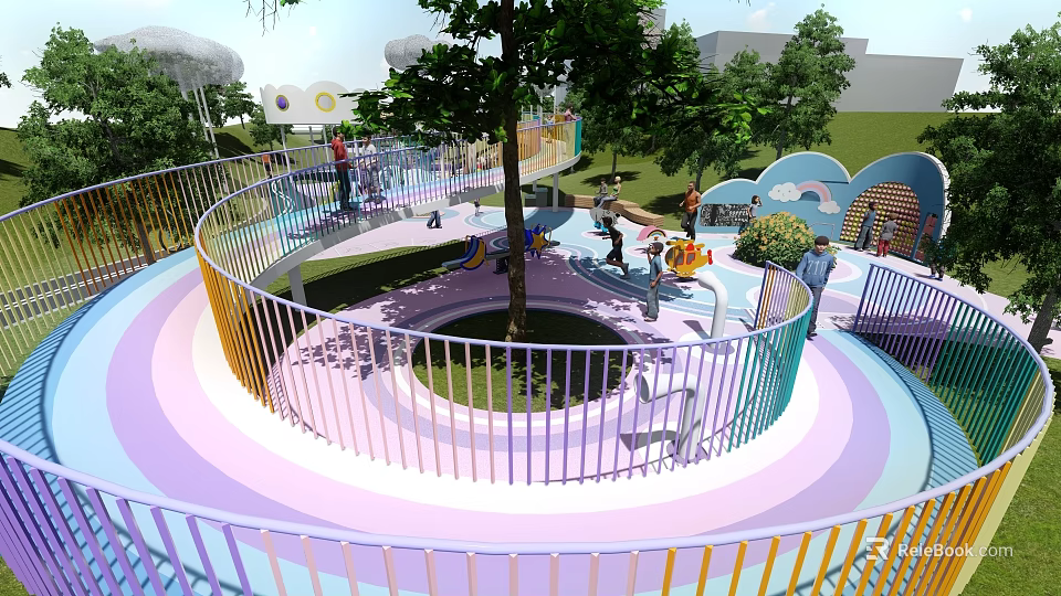 Colorful Circular Children's Play Area With Trees Slide And Kids Playing On Lawn 3d model 