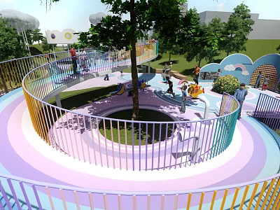Colorful Circular Children's Play Area With Trees Slide And Kids Playing On Lawn 3d model