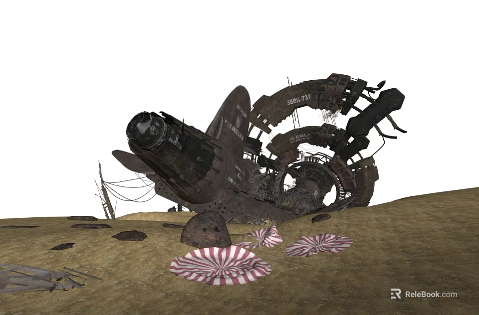 Abandoned Mechanical Wreckage On Sandy Ground With Red White Striped Structures 3d model 