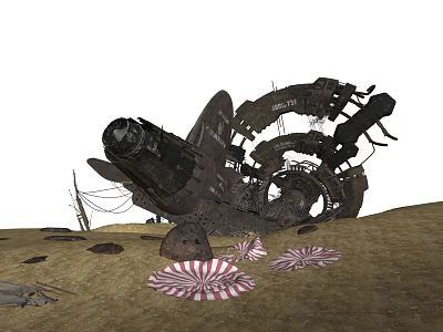 Abandoned Mechanical Wreckage On Sandy Ground With Red White Striped Structures 3d model