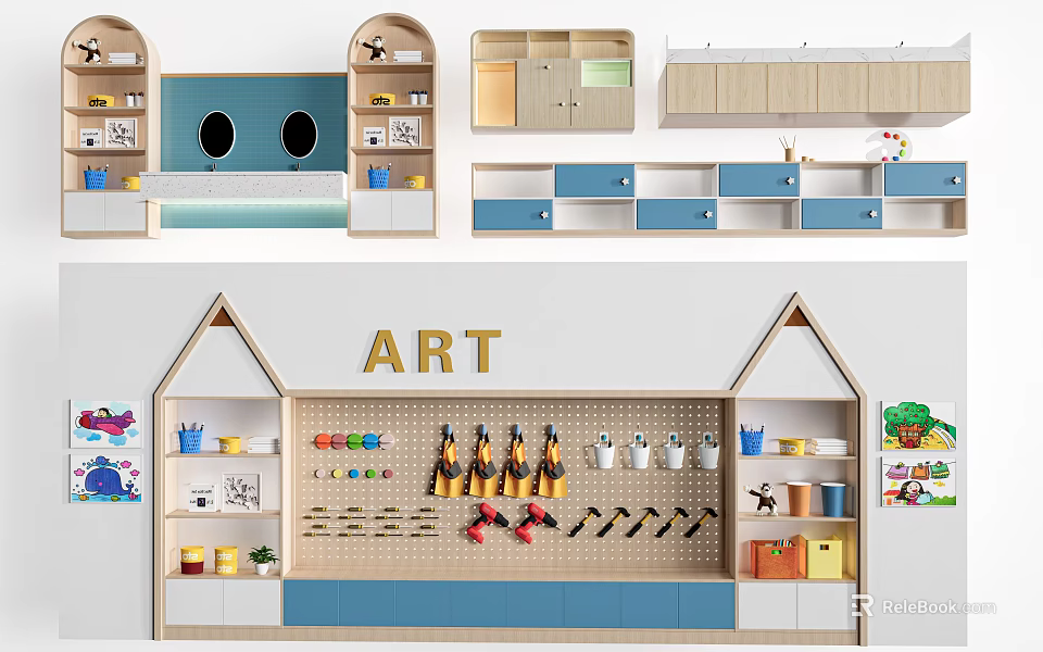 Kids Art Room Bookcase With House Shaped Design Blue White Storage Shelves And Organizer 3d model 