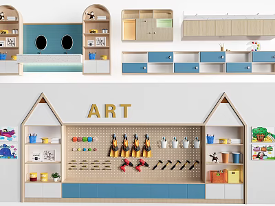 Kids Art Room Bookcase With House Shaped Design Blue White Storage Shelves And Organizer 3d model