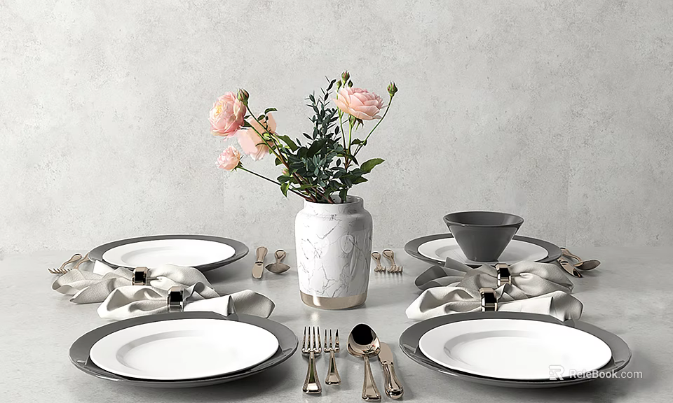 Elegant Dinnerware Set with White Plates Silver Cutlery and Pink Flowers in Vase 3d model 