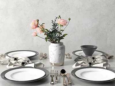 Elegant Dinnerware Set with White Plates Silver Cutlery and Pink Flowers in Vase 3d model