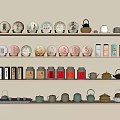 Traditional Ceramic Tea Sets Display On Shelves With Teapots Cups And Storage Containers 3d model
