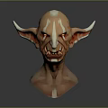 Fantasy Creature Head 3D Model With Sharp Ears Red Eyes And White Stripes