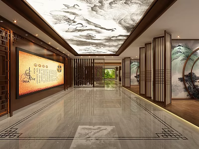 Traditional Chinese Hall Interior Design With Ink Painting Ceiling Calligraphy Artwork And Marble Floor 3d model