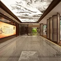 Traditional Chinese Hall Interior Design With Ink Painting Ceiling Calligraphy Artwork And Marble Floor