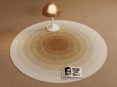Round Carpet In Neutral Tones With Concentric Circle Pattern Mushroom Lamp And Open Magazine 3d model