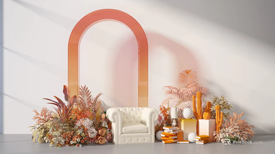 Elegant Floral Display With Orange Arch White Sofa And Decorative Plants 3d model 