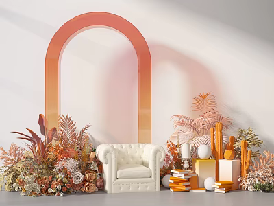 Elegant Floral Display With Orange Arch White Sofa And Decorative Plants 3d model