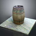 Rustic Wooden Barrel With Metal Hoops Placed On Weathered Wooden Plank Platform