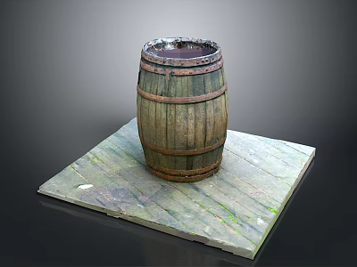 Rustic Wooden Barrel With Metal Hoops Placed On Weathered Wooden Plank Platform 3d model
