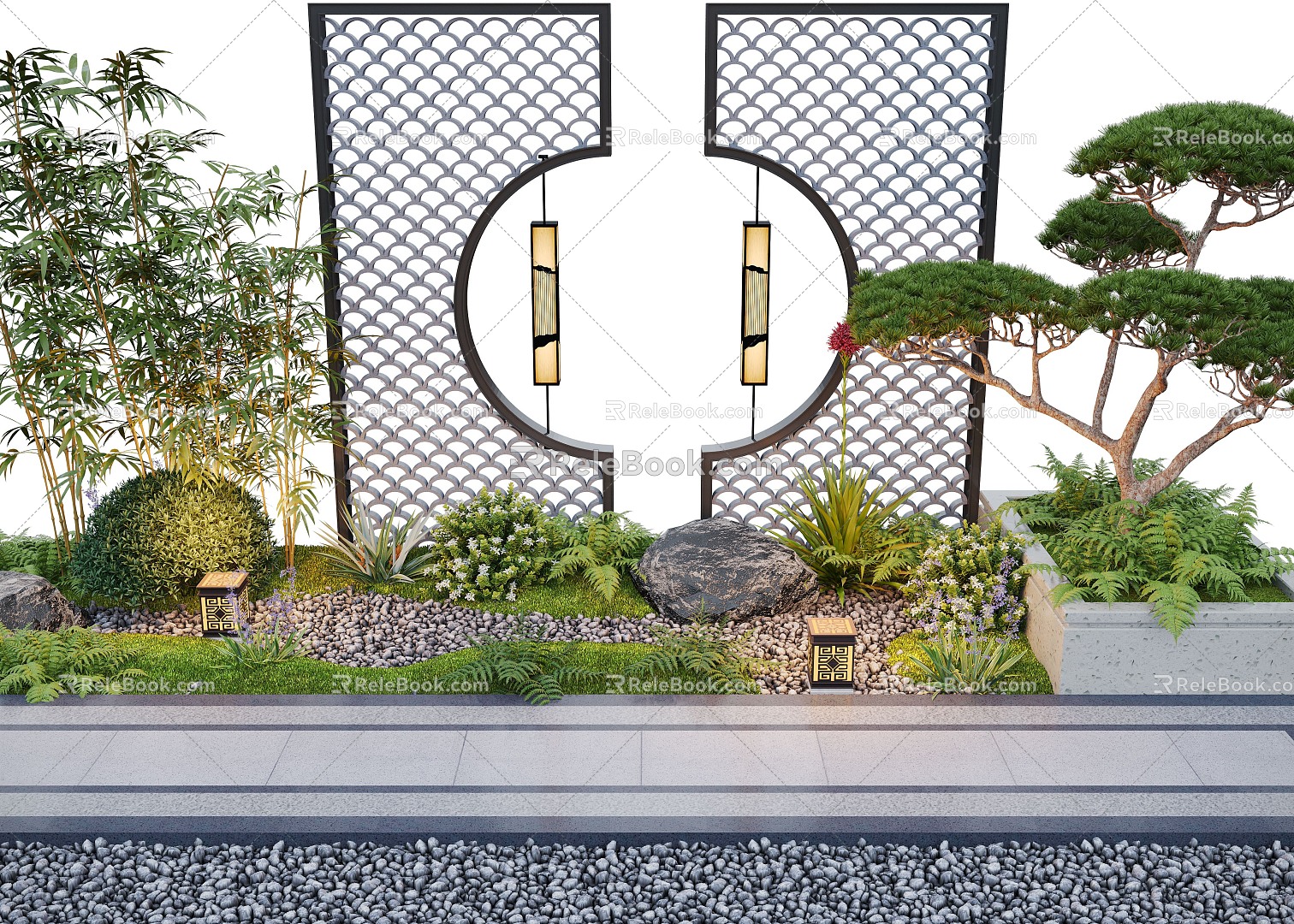 New Chinese Courtyard Landscape Wall Pine Landscape Plants model