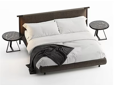 Double Bed In Modern Bedroom With Dark Headboard White Sheets And Two Marble Top Nightstands 3d model