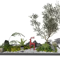 Indoor Landscape Display With Olive Tree Red Deer Figurine Green Plants Stones And White Spheres