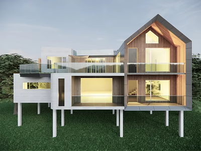 Modern Detached House Design With Large Windows Wooden Accents And Green Lawn 3d model