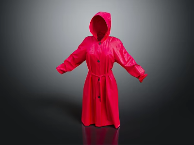Red Hooded Raincoat With Long Sleeves And Adjustable Belt For Outdoor Use 3d model
