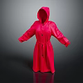 Red Hooded Raincoat With Long Sleeves And Adjustable Belt For Outdoor Use
