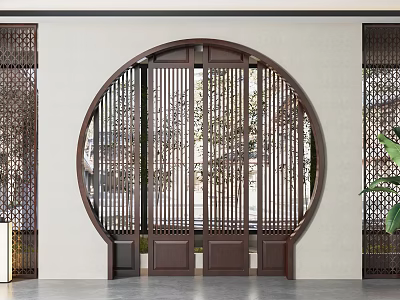 Chinese Style Wooden Circular Screen With Vertical Grilles In Interior 3d model