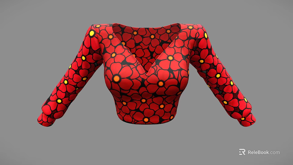 Fashionable Red Floral Print Long Sleeve V Neck Crop Top With Yellow Flower Centers 3d model 