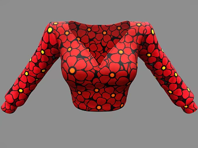 Fashionable Red Floral Print Long Sleeve V Neck Crop Top With Yellow Flower Centers 3d model