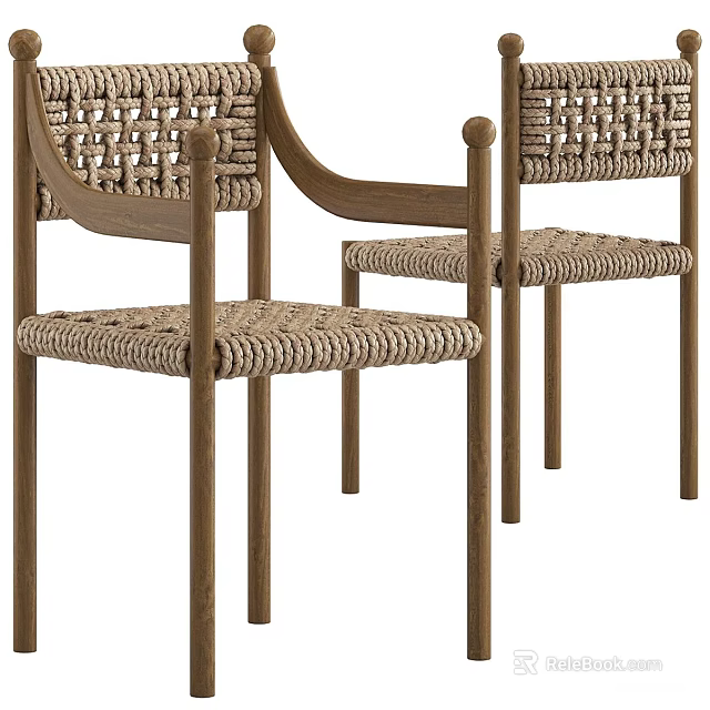 Two Brown Woven Leisure Chairs With Wooden Frame And Modern Design 3d model 