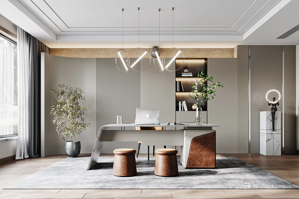 Modern Study Room With Curved Desk Computer Stools Plants And Bookshelf 3d model