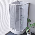 Modern Shower Head In Transparent Glass Enclosure With Window Blinds And Green Plant