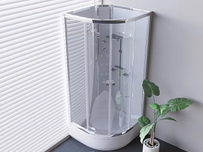 Modern Shower Head In Transparent Glass Enclosure With Window Blinds And Green Plant 3d model