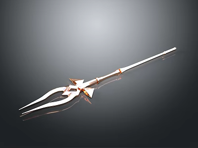 Shiny Metal Trident Weapon Design With Ornamental Head And Long Handle 3d model