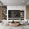 Modern Living Dining Room Interior With Neutral Sofa Abstract Artwork And Decorative Shelves