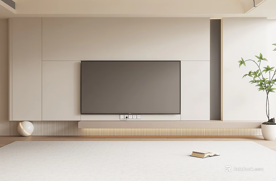 Modern TV Wall Design With Built-in TV Light-colored Cabinets LED Strip And Green Plant 3d model 