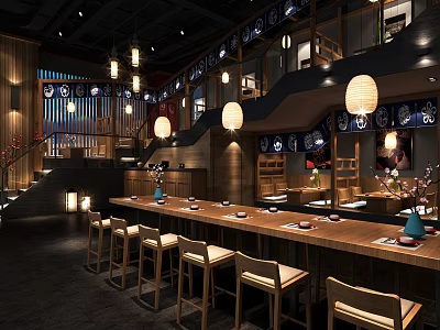 Traditional Japanese Restaurant Interior With Long Bar Counter High Stools Hanging Lanterns And Staircase 3d model