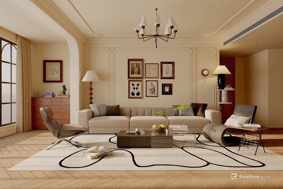 Elegant Living Room Interior With Paneled Walls Chandelier Framed Artworks Floor Lamp Sofa And Armchair 3d model 