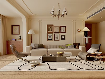 Elegant Living Room Interior With Paneled Walls Chandelier Framed Artworks Floor Lamp Sofa And Armchair 3d model