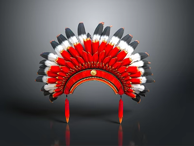 Traditional Fan Shaped Native American Feather Headdress With Red White Black Feathers And Tassels 3d model