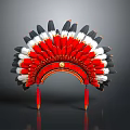 Traditional Fan Shaped Native American Feather Headdress With Red White Black Feathers And Tassels