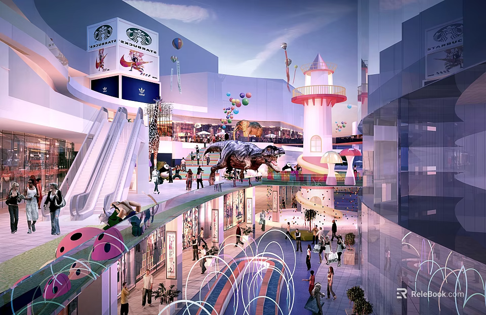 Vibrant Commercial Street With Crowded Shoppers Shops Escalators Lighthouse And Colorful Decorations 3d model 