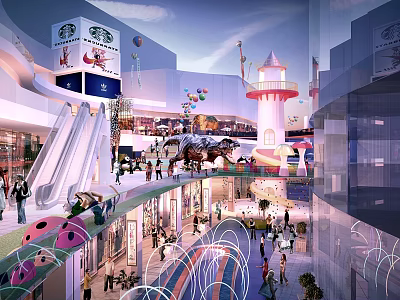 Vibrant Commercial Street With Crowded Shoppers Shops Escalators Lighthouse And Colorful Decorations 3d model