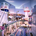 Vibrant Commercial Street With Crowded Shoppers Shops Escalators Lighthouse And Colorful Decorations