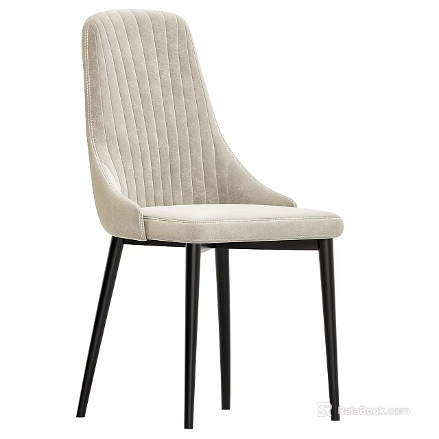 Modern Light Beige Velvet Dining Chair With Vertical Striped Backrest And Black Metal Slim Legs 3d model 