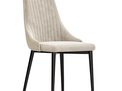 Modern Light Beige Velvet Dining Chair With Vertical Striped Backrest And Black Metal Slim Legs 3d model