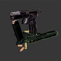 Black Pistol with Magazine and Bullets on Dark Background Display Setup 3d model