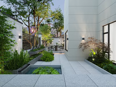 Modern Garden Landscape With Stone Path Green Plants Trees Bamboo And Seating Area Lighting 3d model