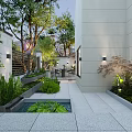 Modern Garden Landscape With Stone Path Green Plants Trees Bamboo And Seating Area Lighting