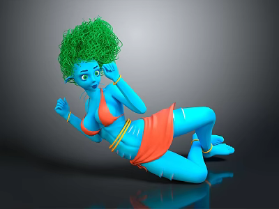Blue Skinned Game Movie Character With Green Curly Hair Orange Skirt And Golden Bracelets 3d model