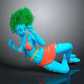 Blue Skinned Game Movie Character With Green Curly Hair Orange Skirt And Golden Bracelets
