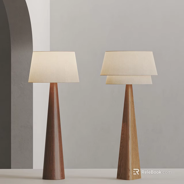 Two Modern Floor Lamps With Wooden Conical Bases And Beige Shades 3d model 