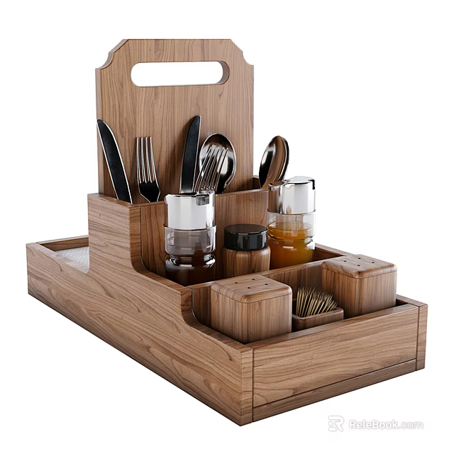 Wooden Kitchen Organizer With Knives Forks Spoons Spice Jars And Salt Pepper Shakers 3d model 